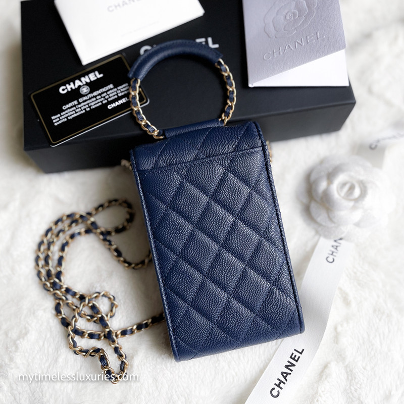 Chanel p Navy Blue Caviar Phone Holder With Chain Round Handle Timeless Luxuries
