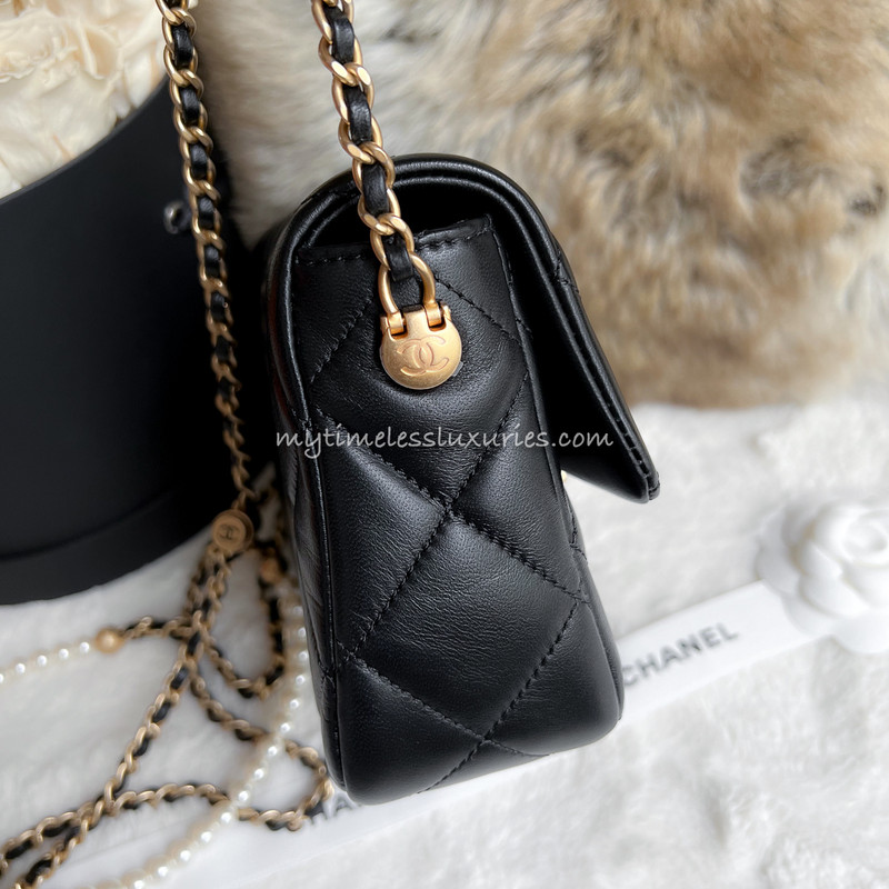 Chanel 21K Perfect Mini Flap Bag In Black Lambskin With Pearl Black Leather  Strap (Adjustable) AGHW