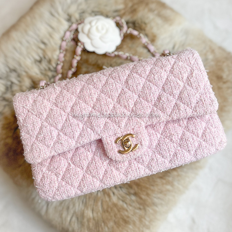 CHANEL  Bags  Chanel Mini Flap Bag Pink Tweed Black Braided Leather  Calfskin Gold Chain  Poshmark