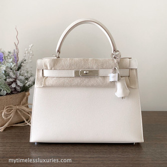 Hermès Kelly Craie Epsom 28 Palladium Hardware, 2021 (Very Good), White/Silver Womens Handbag