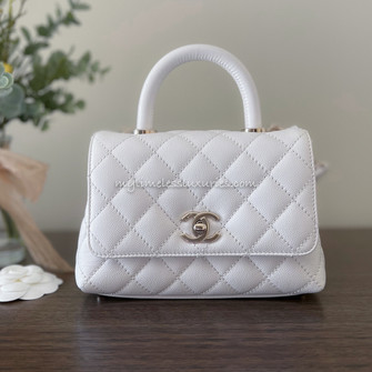 Classic Small Double Flap 21S White Quilted Caviar with light gold