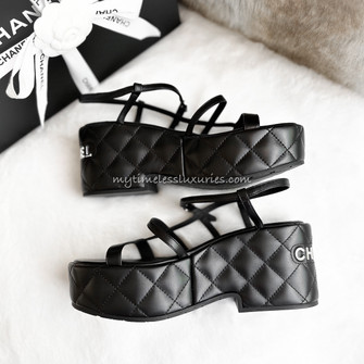 🔥BNIB Authentic CHANEL Matelasse Black Shiny Calf Skin Sandals, Sz 42  (rare)