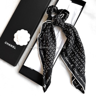 Chanel Black and White Silk CC Logo Scrunchie