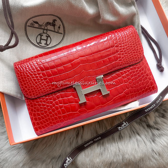 HERMES Geranium Alligator Constance Wallet/ Clutch PHW - Timeless