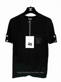 CHANEL 24P Knit Top CC Clover Logo & CC Buttons 38 *New