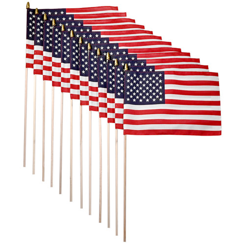 Super Tough US Stick Flag 12in x 18in Standard Wood Stick with Spear Tip - 12PK