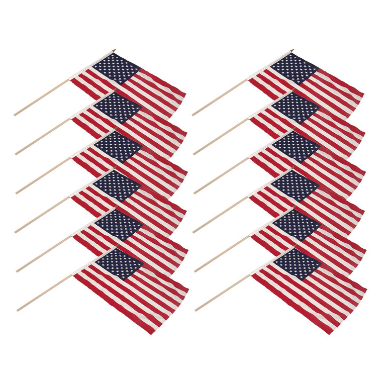 US Stick Flag 12" x 18" with 24" Wood Stick - Best Quality 12PK