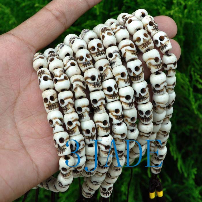 Tibetan Carved Bone Skull Mantra Meditation Buddhist Prayer Beads Wrist  Mala -E011072