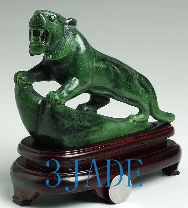 6 1/2" Natural Green Nephrite Jade Tiger Statue / Carving / Sculpture