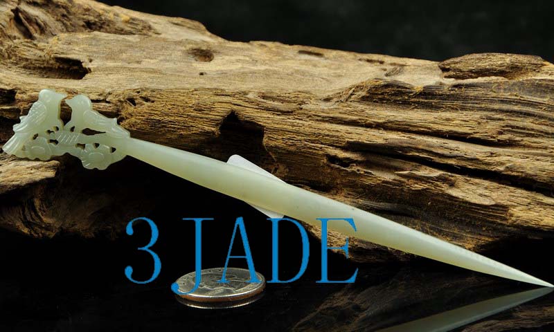 Hand Carved Natural Hetian Nephrite Jade Birds Hair Stick /Hairpin Hair Pin  w/ certificate N012154