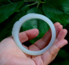59.5mm Hand Carved Hetian White Jade Peony Flower Chunky Bangle Bracelet w/ Certificate -C004275