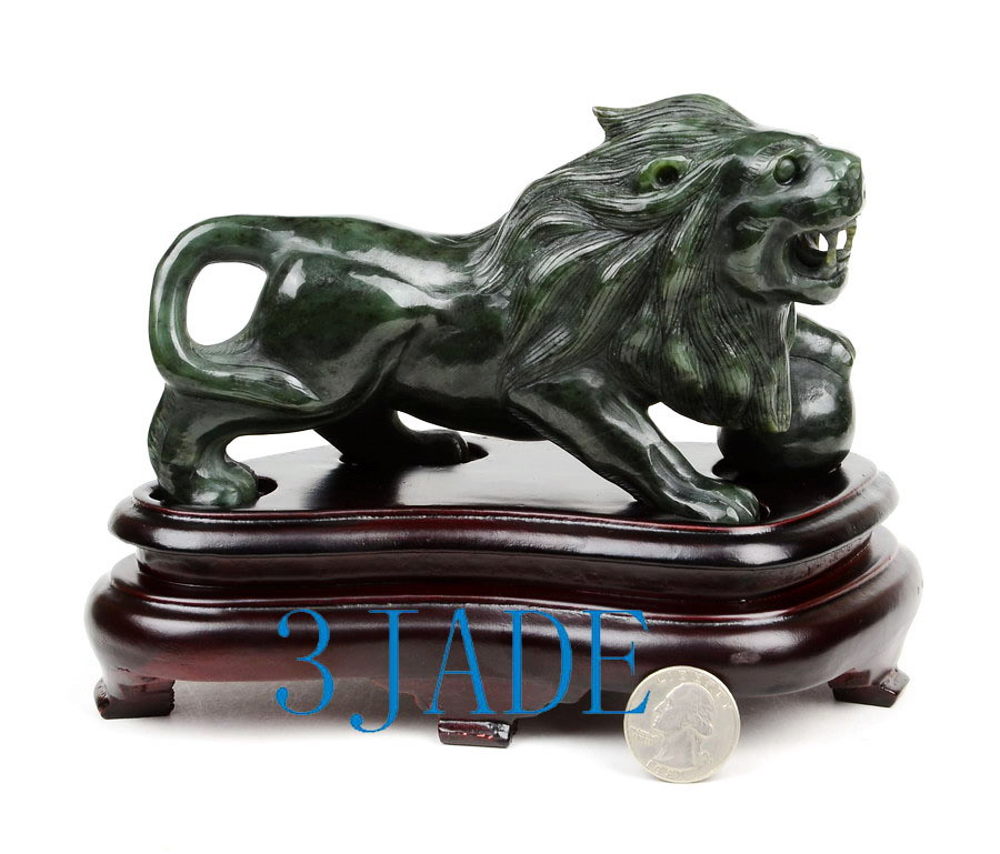 Natural Green Nephrite Jade Lion Statue / Carving / Sculpture / Art / Foo Dog 3JADE wholesale