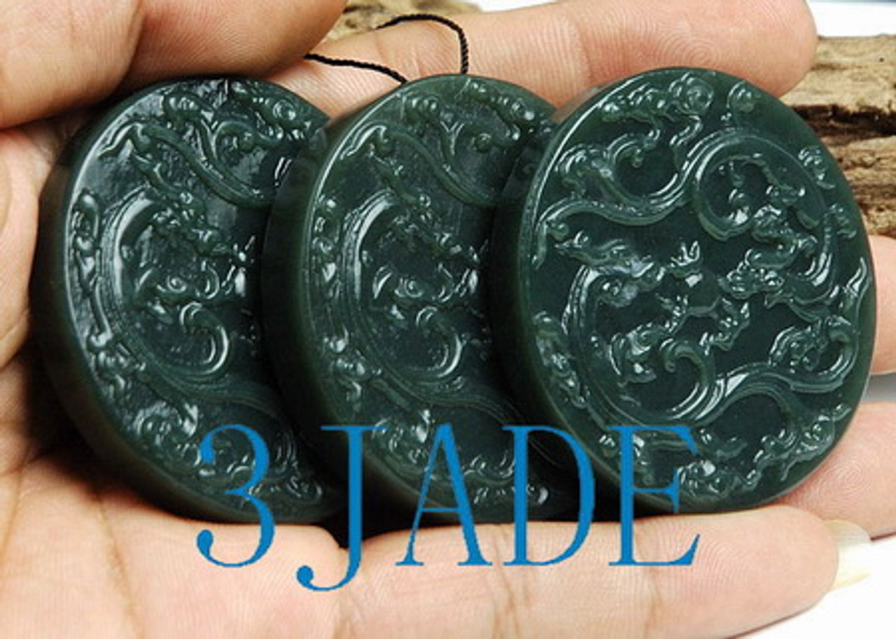 Natural Nephrite Jade Playing Dragons Plaque / Amulet / Pendant -G025225