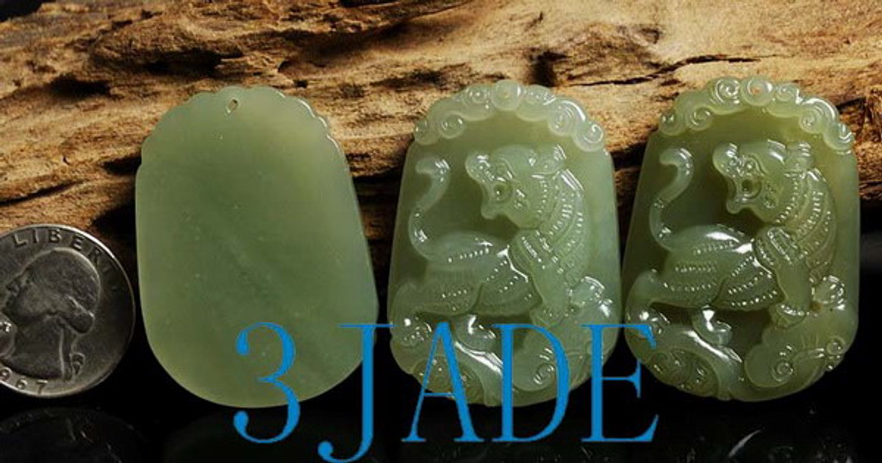 3PCS Natural Hetian Nephrite Jade Carving : Tiger Pendants G025300