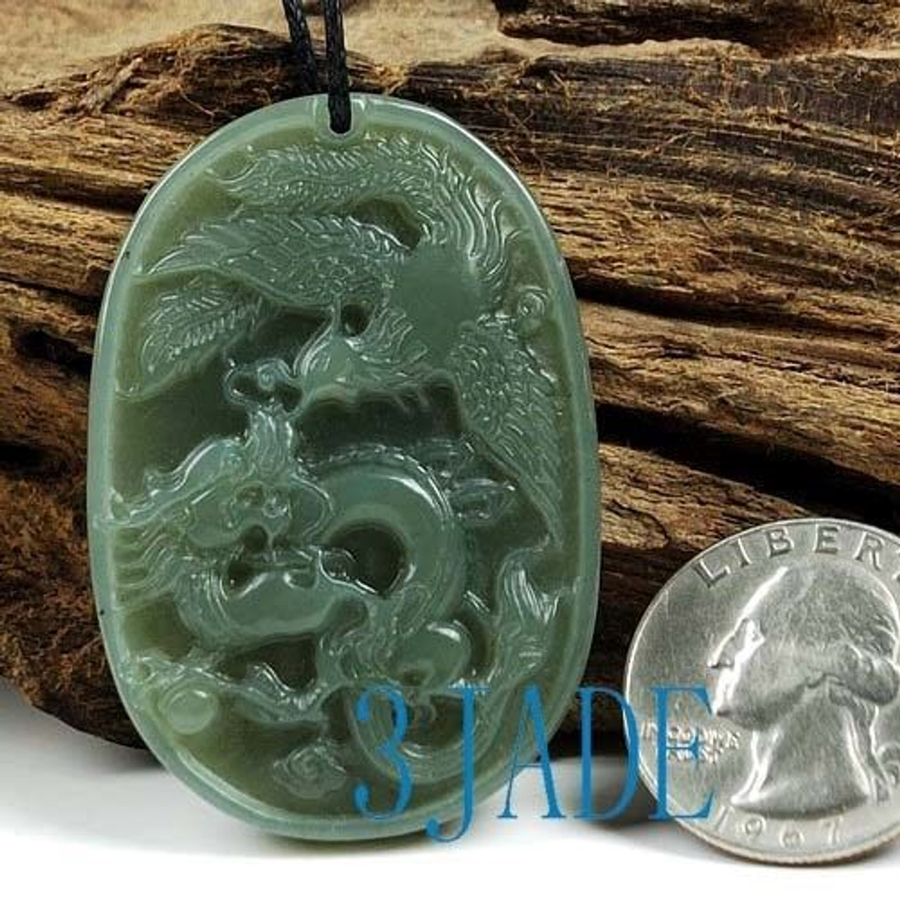 Natural Nephrite Jade Carving: Dragon Phoenix / Amulet / Pendant
