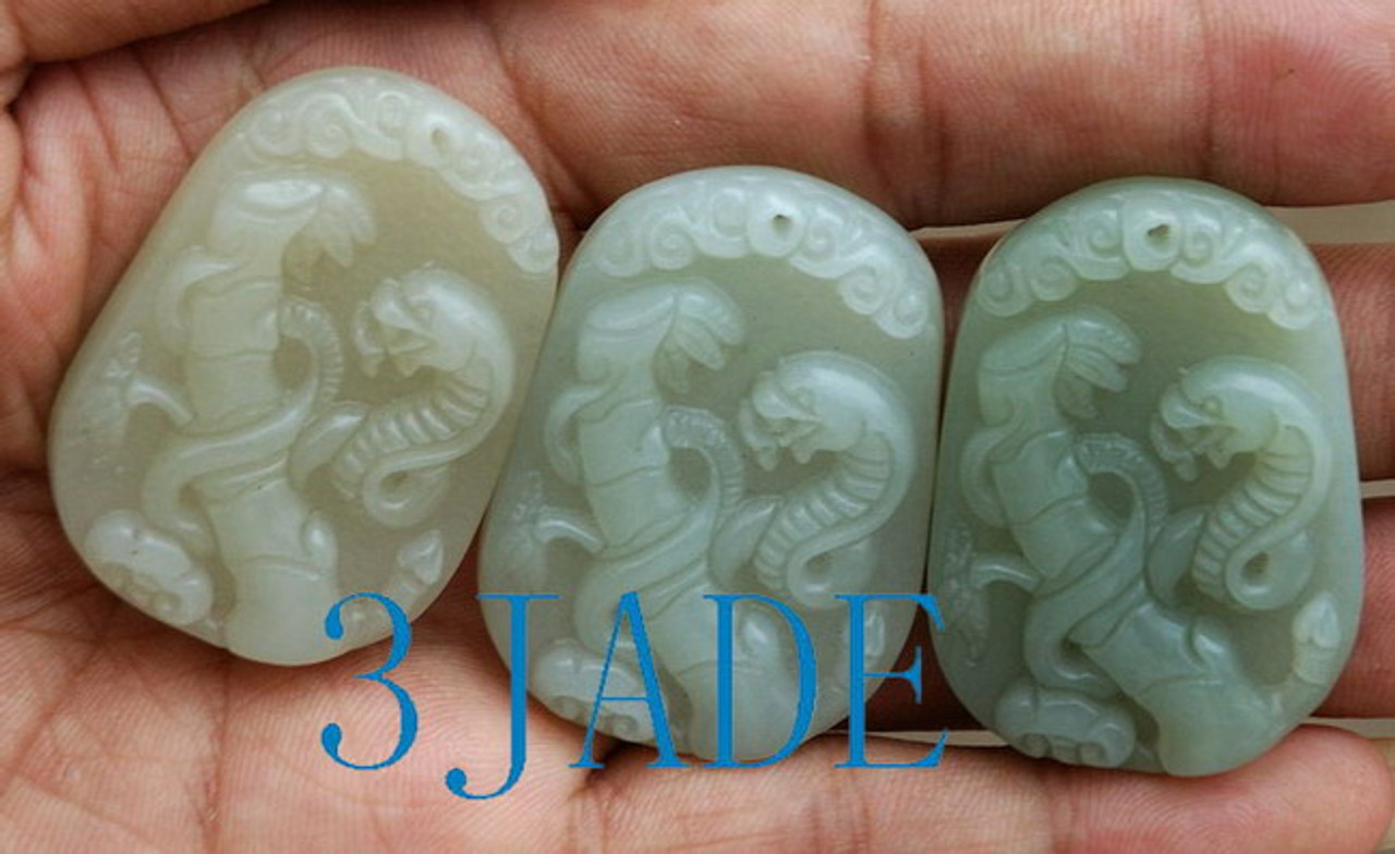 3PCS Natural Nephrite Jade Snake & Bamboo Figurine / Pendants -G025400
