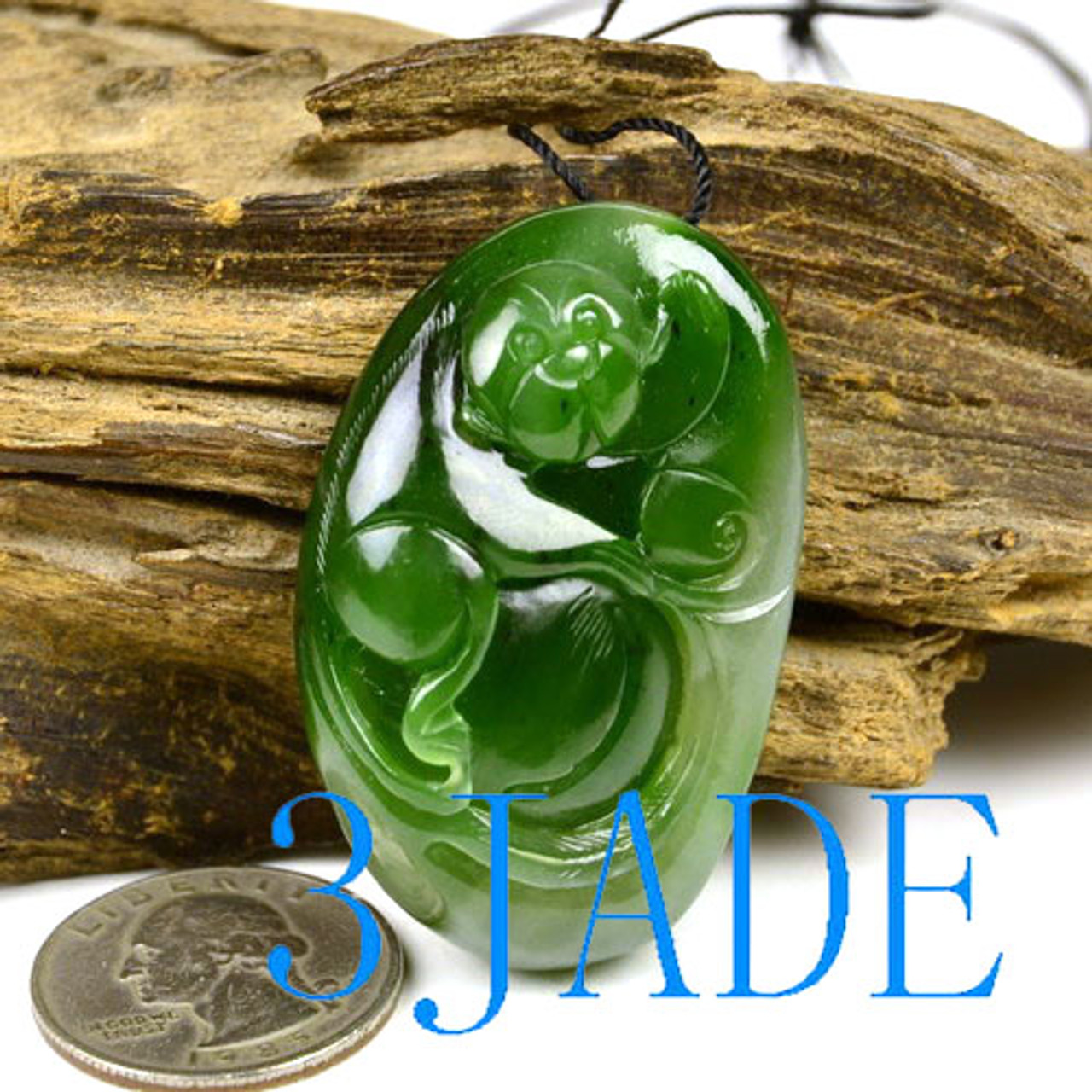Hand Carved Natural Green Nephrite Jade Monkey Peach Pendant
