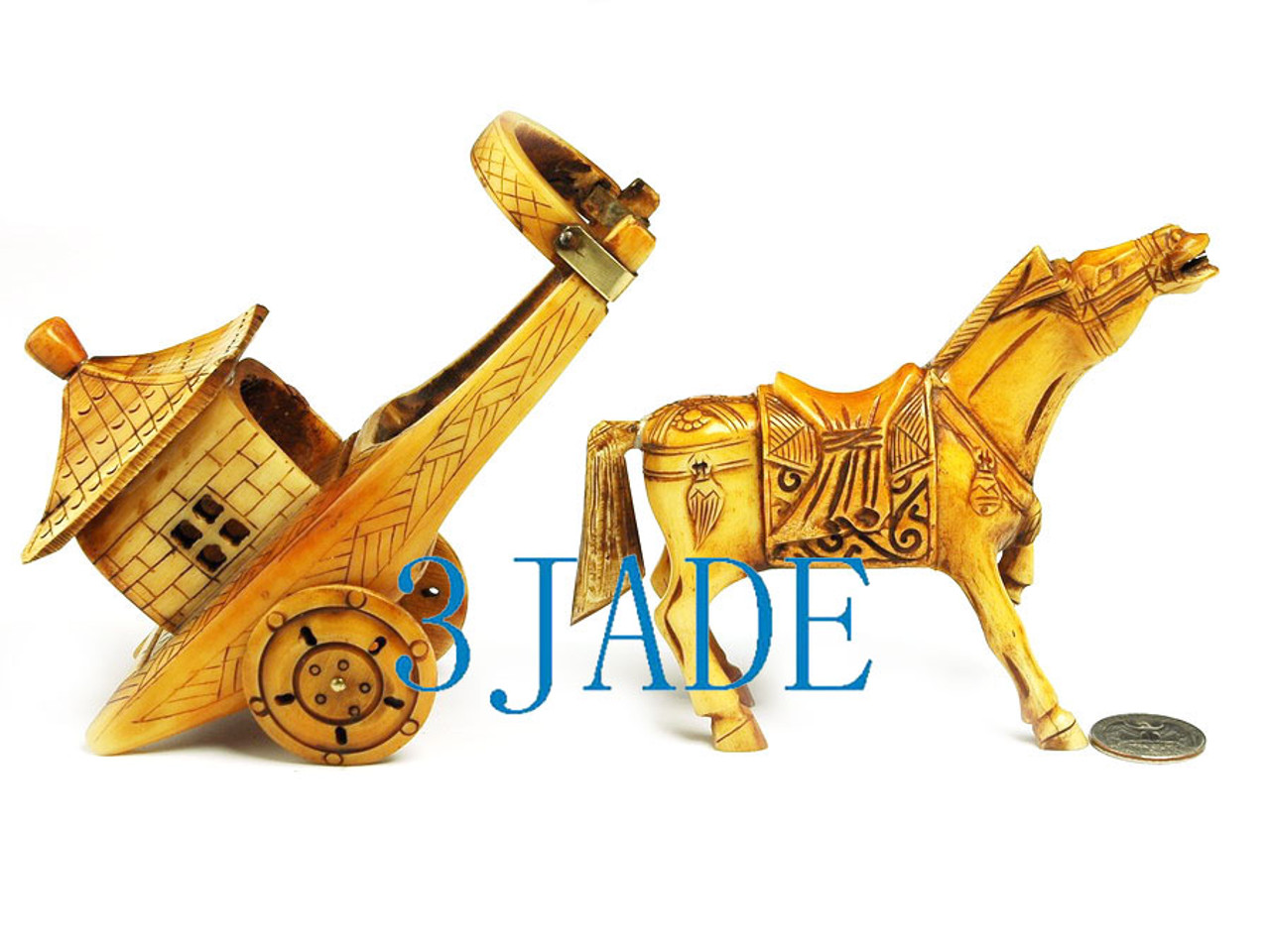 Hand Carved Bone Horse and Old-style Carriage Set -J001030