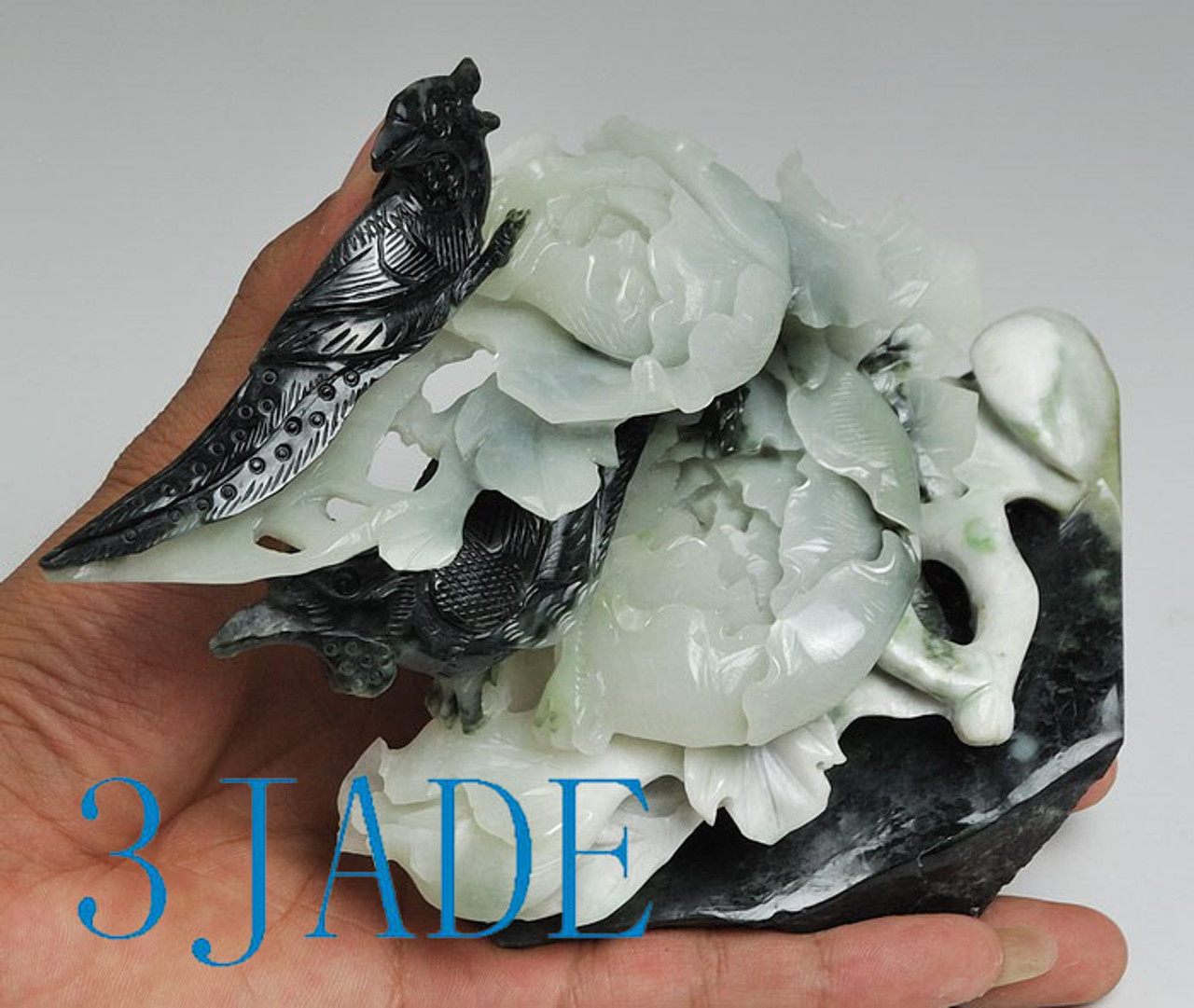 Natural Dushan Jade Carving / Sculpture: Pheasants & Peony  Statue