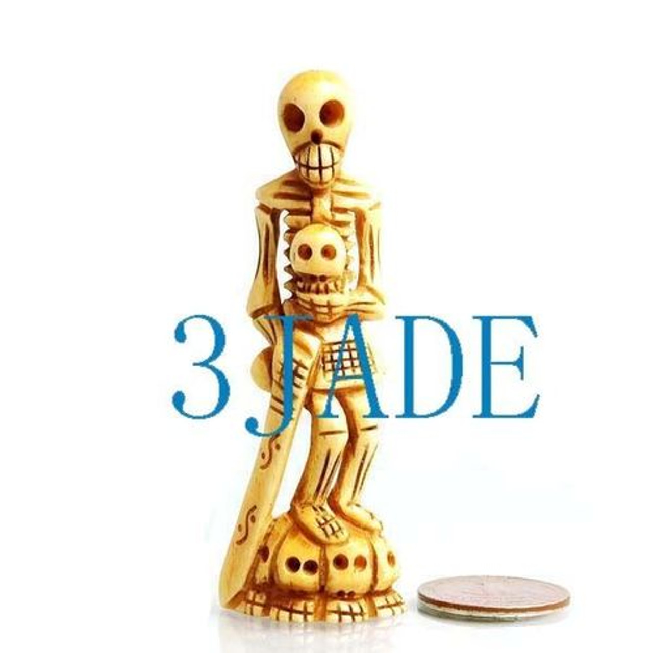 3 1/4" Hand Carved Bone Skeleton & Skulls Figurine