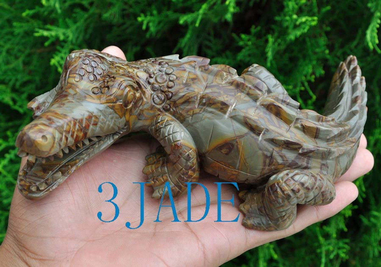 Hand Carved Natural Jasper/Bamboo Stone Crocodile Sculpture /Carving/Art Deco -J005052