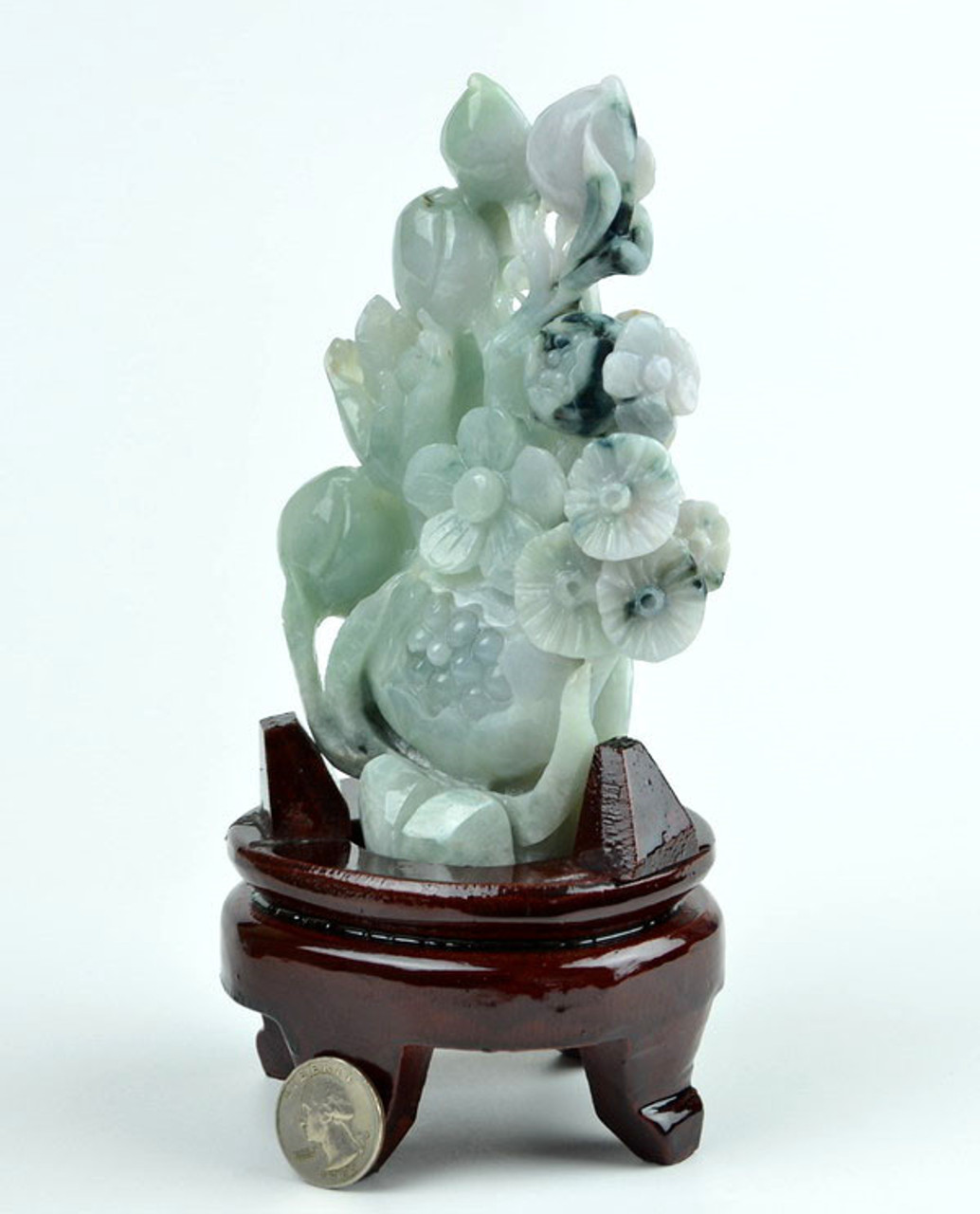 Hand Carved  A Grade Jadeite Jade Flower & Fruit Statue Carving -J022407