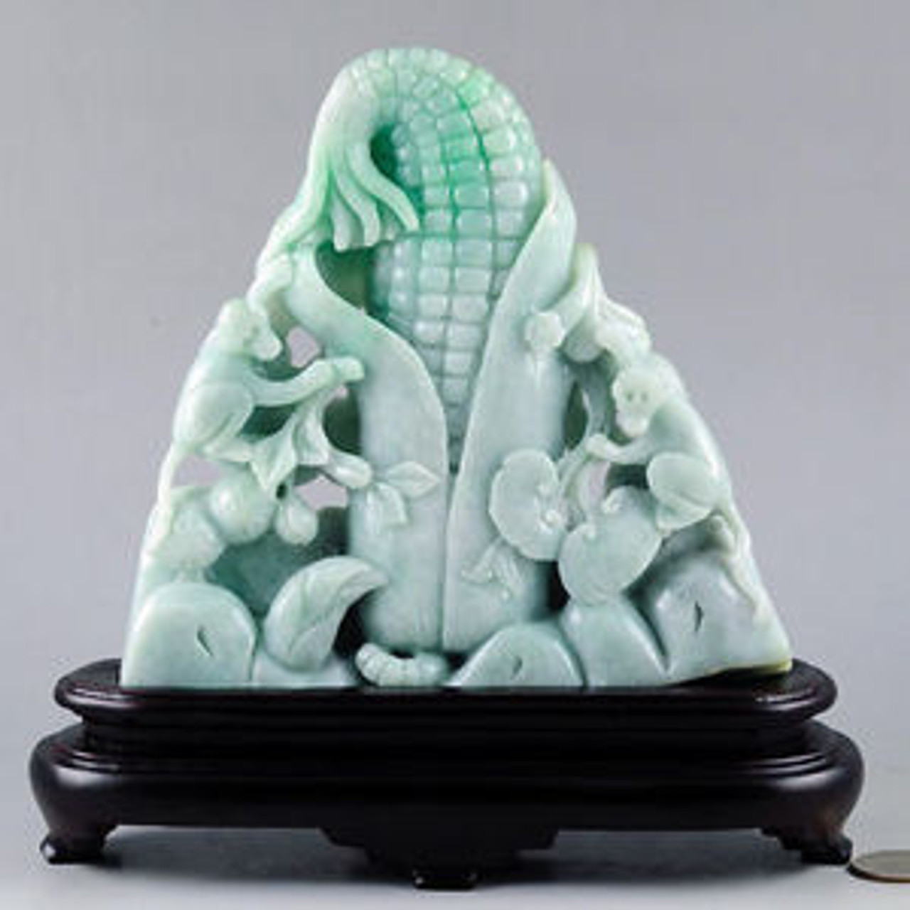 Nature Jadeite Jade Monkeys Corn Statue / Carving / Sculpture / Art