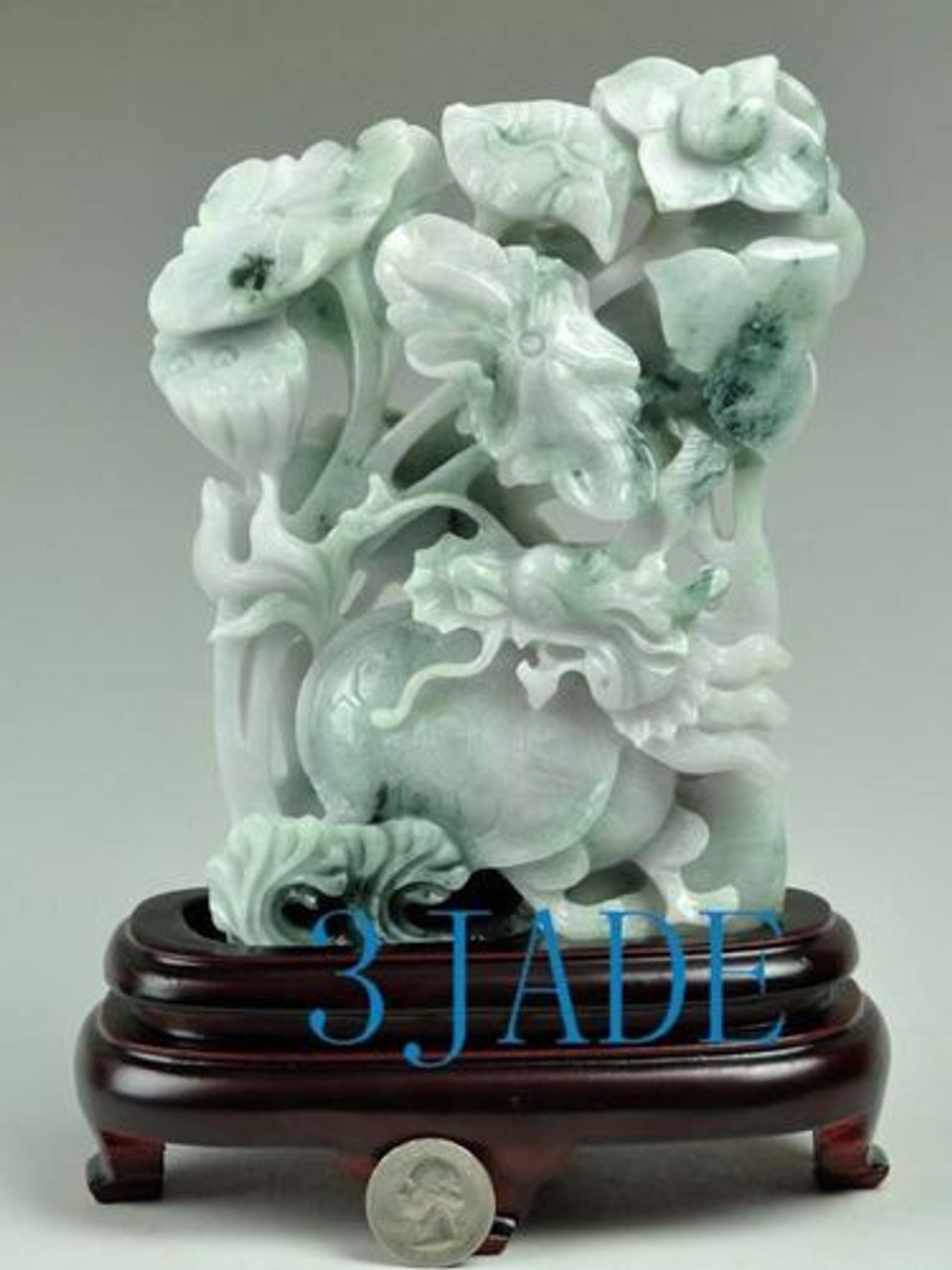 Natural Jadeite Jade Carving / Sculpture: Lotus Dragon Turtle Statue / Asian Art J022347