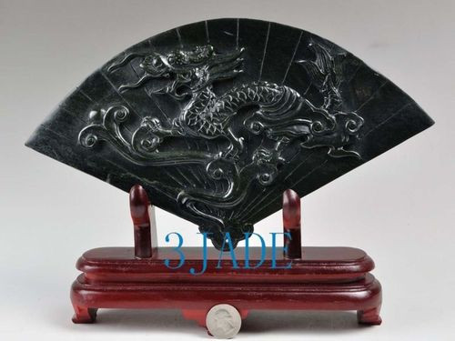 Hand Carved Natural Nephrite Jade Dragon Fan Statue Carving /Sculpture /Art Deco