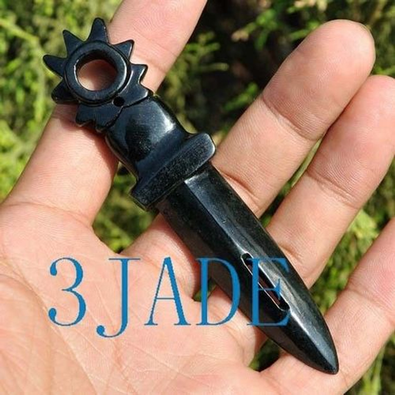 Natural Dark Green Nephrite Jade Spear Carving J023866