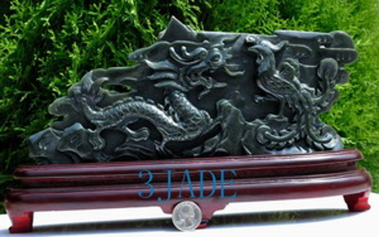 Natural Nephrite Jade Carving Sculpture: Dragon Phoenix Statue
