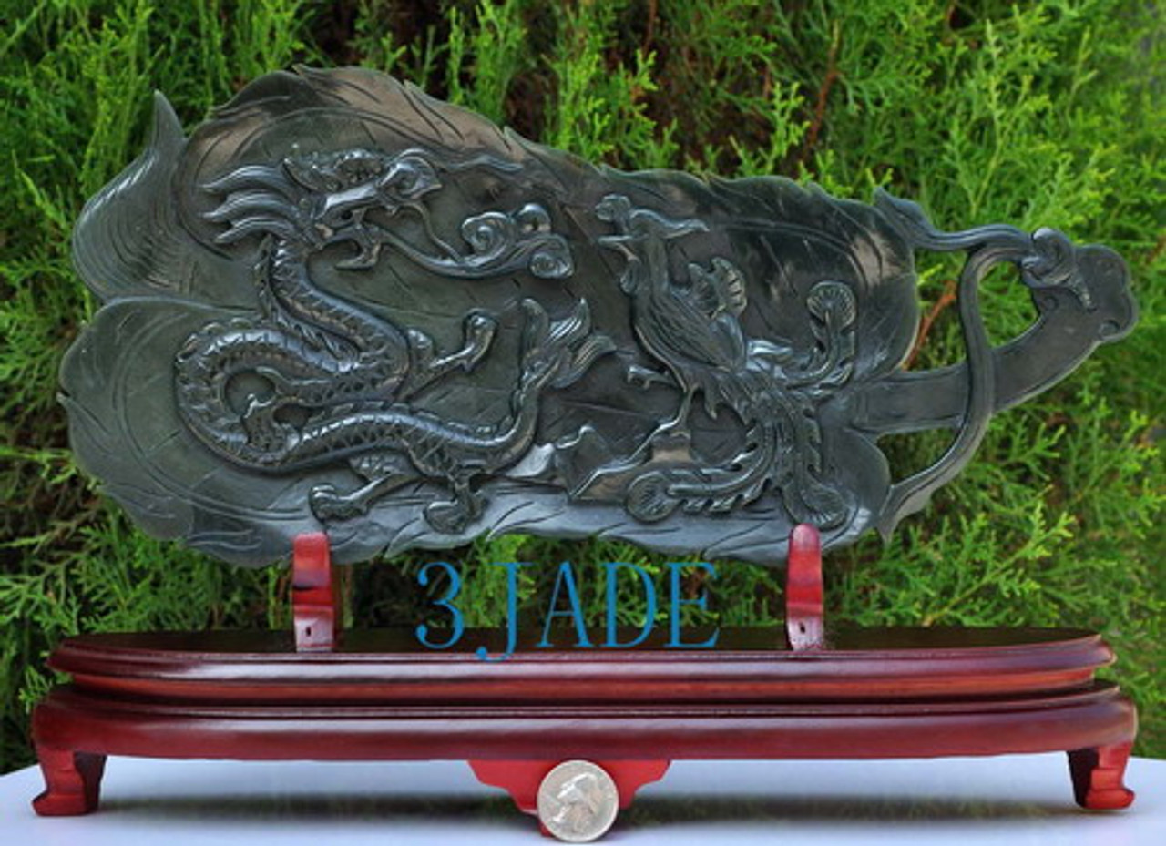 Natural Nephrite Jade Dragon Phoenix Statue Carving/Sculpture