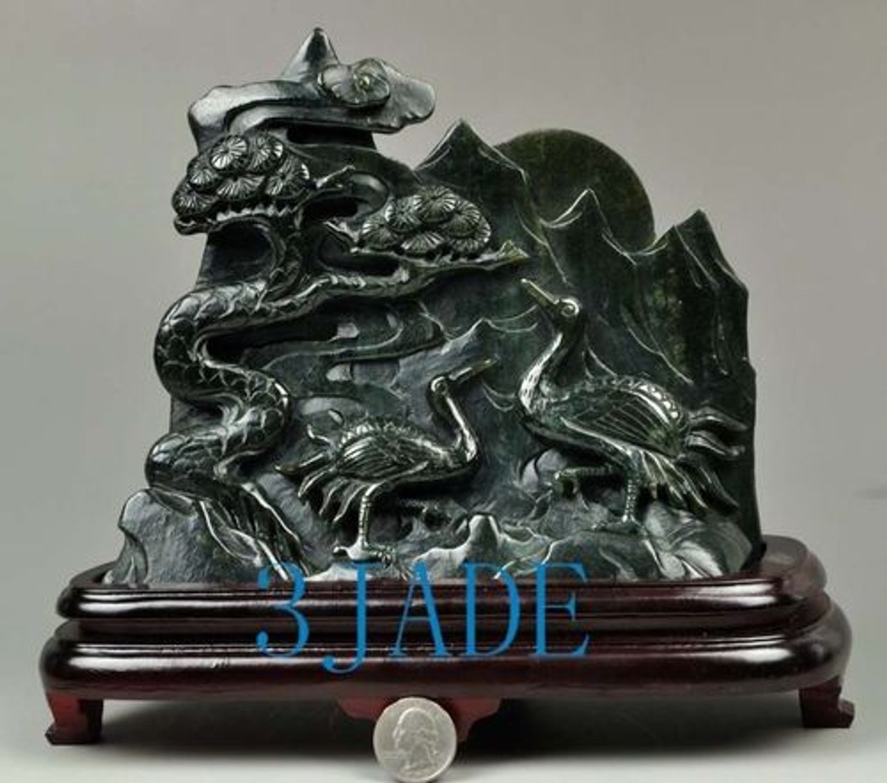 Natural Nephrite Jade Carving: Cedar Tree Cranes Birds Statue Sculpture