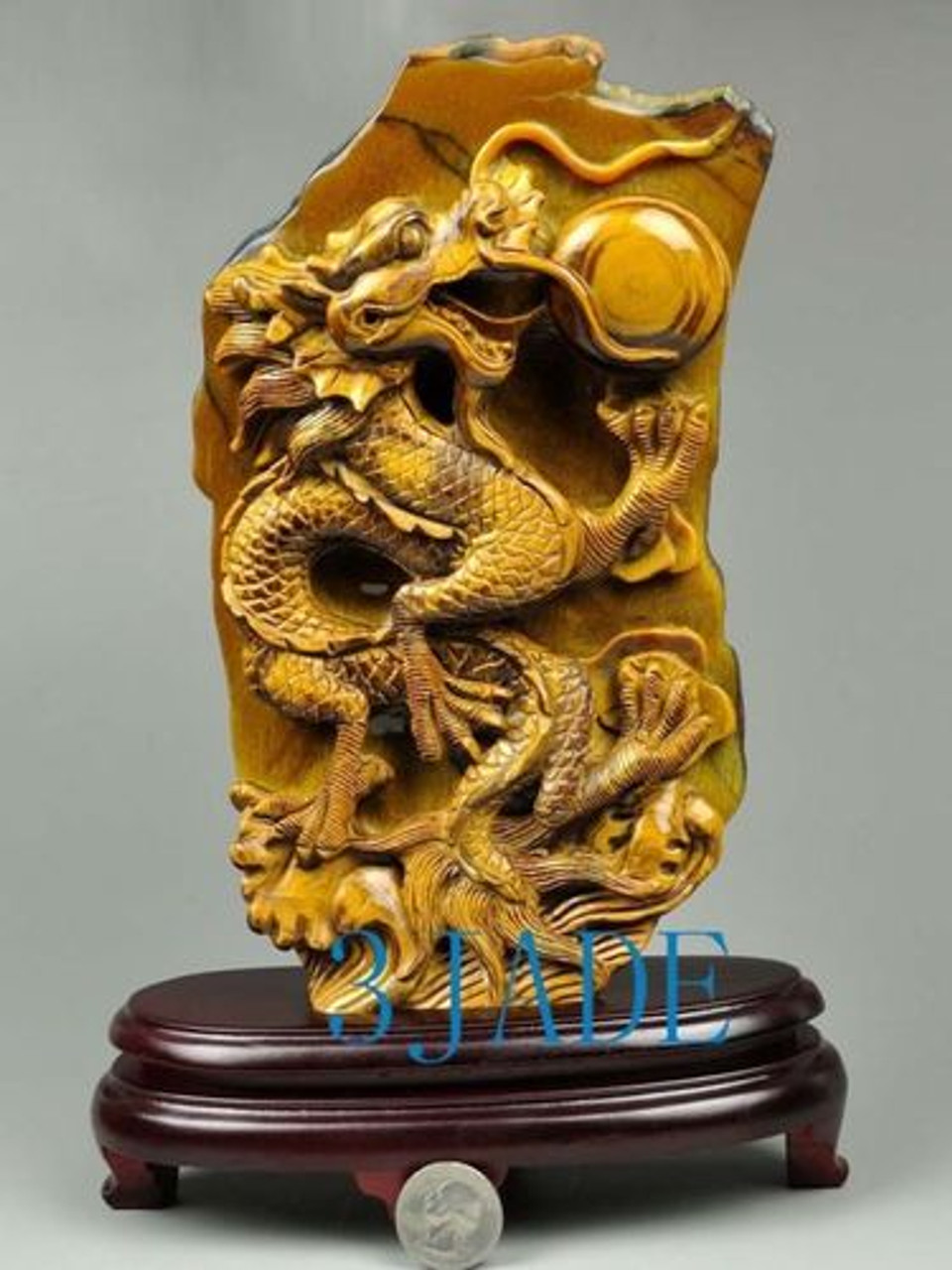 Natural Tiger's Eye Gemstone Carving: Playing Dragon Statue / Sculpture J024033