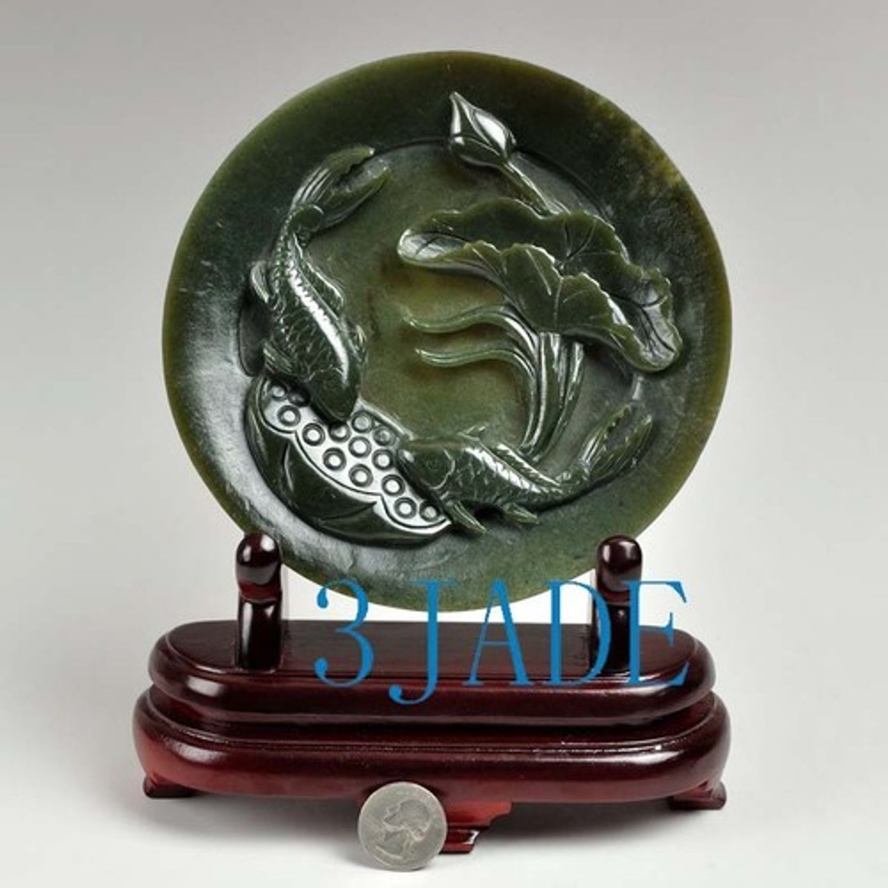 Hand Carved Natural Nephrite Jade Lotus Koi Fish Statue Carving / Sculpture