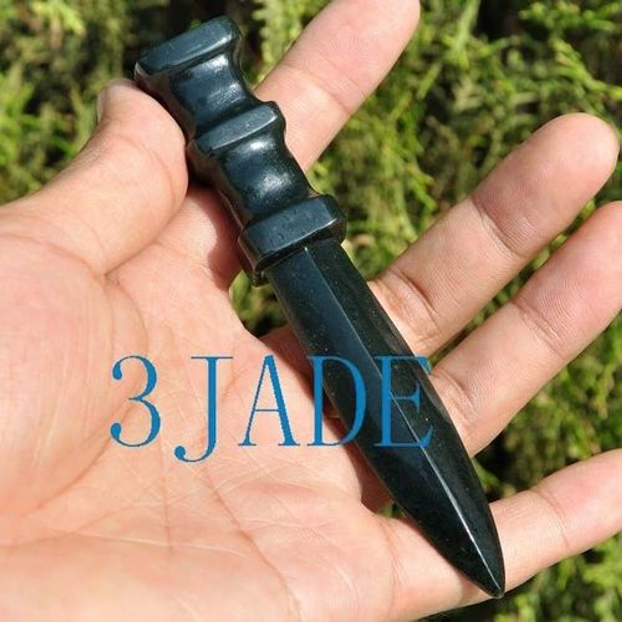 Natural Dark Green Nephrite Jade Spear Carving J023863