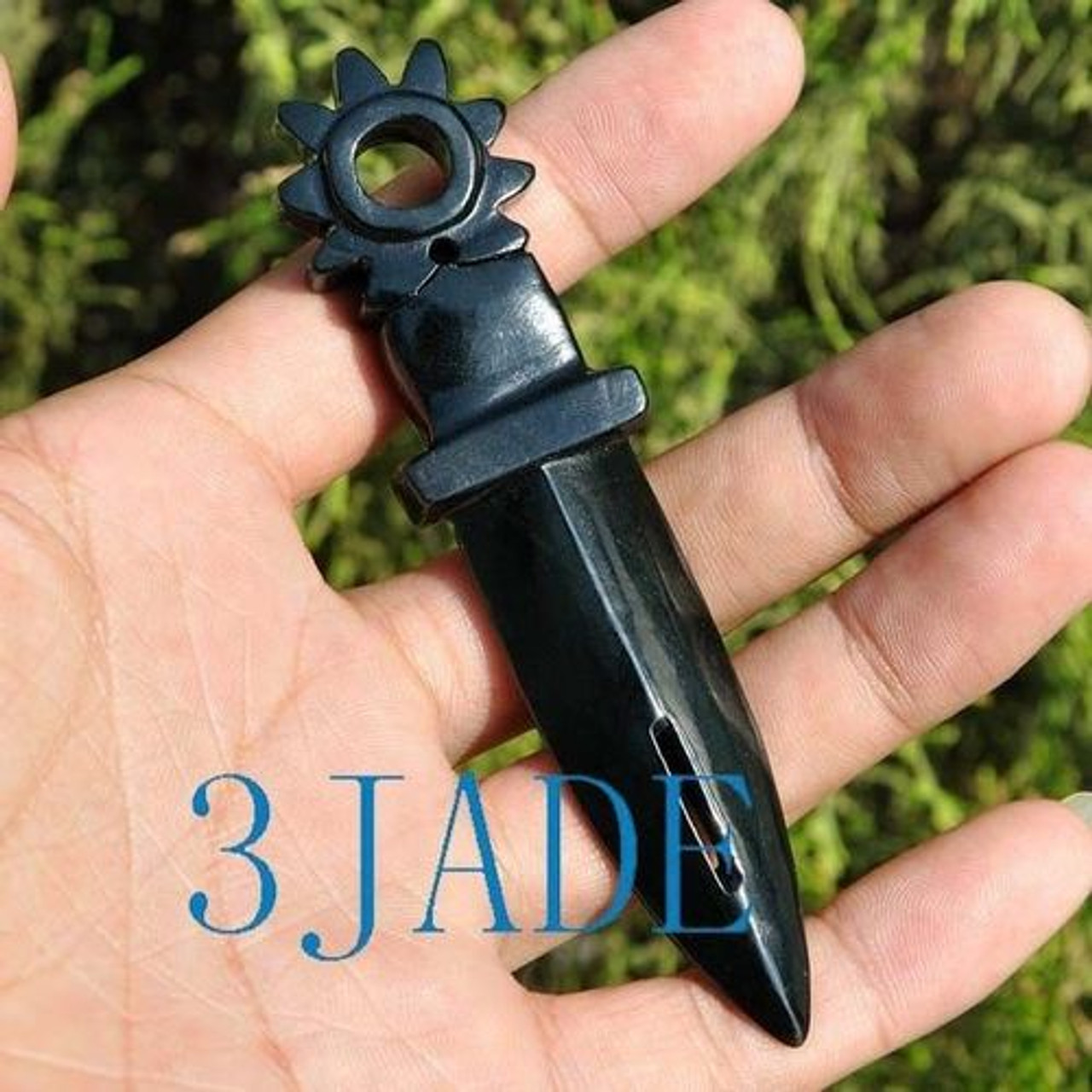 Natural Dark Green Nephrite Jade Spear Carving J023864