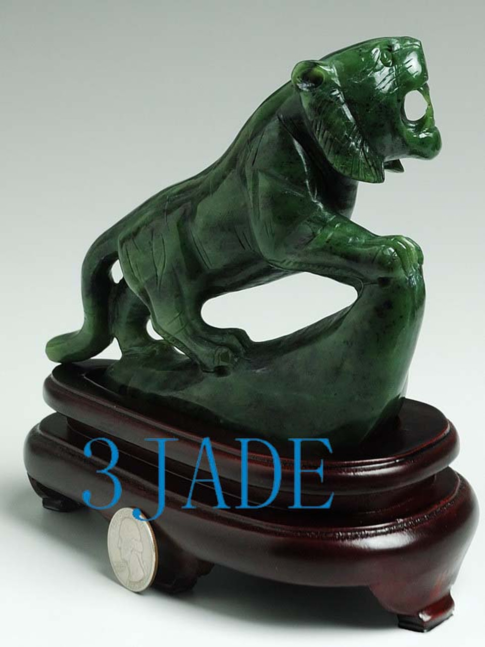 6 1/2" Natural Green Nephrite Jade Tiger Statue / Carving / Sculpture