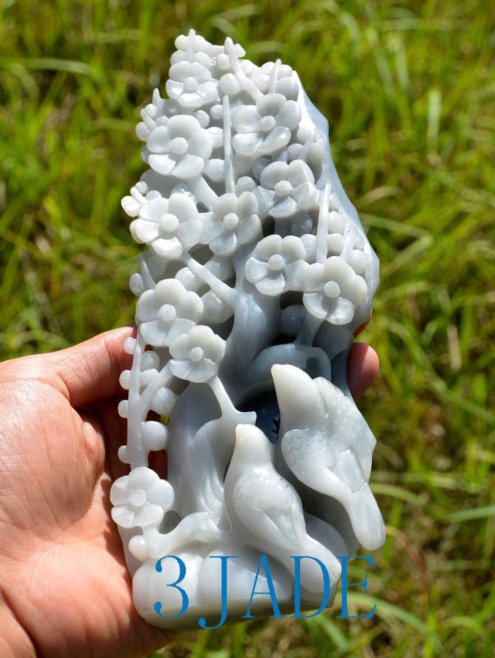 Natural Hetian Nephrite Jade Birds Plum Flower Statue /Carving / Art, w/ Certificate -J026073