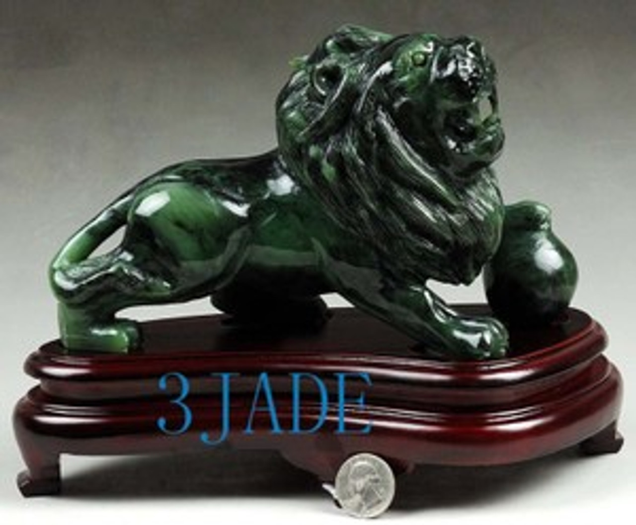 Natural Green Nephrite Jade Lion Statue / Carving / Sculpture / /Foo Dog / Art