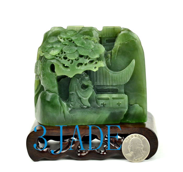 Natural Green Nephrite Jade Chinese Mountain Scenery Carving Natural Green Nephrite Jade Chinese Mountain Scenery Carving