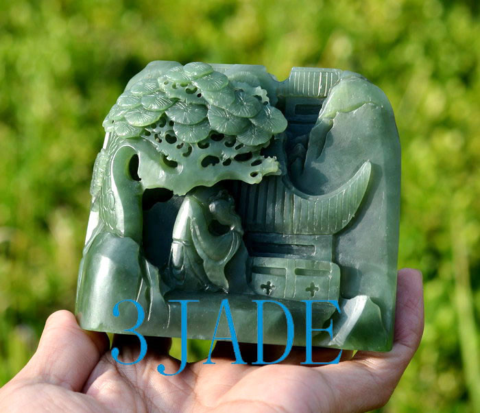Natural Green Nephrite Jade Chinese Mountain Scenery Carving