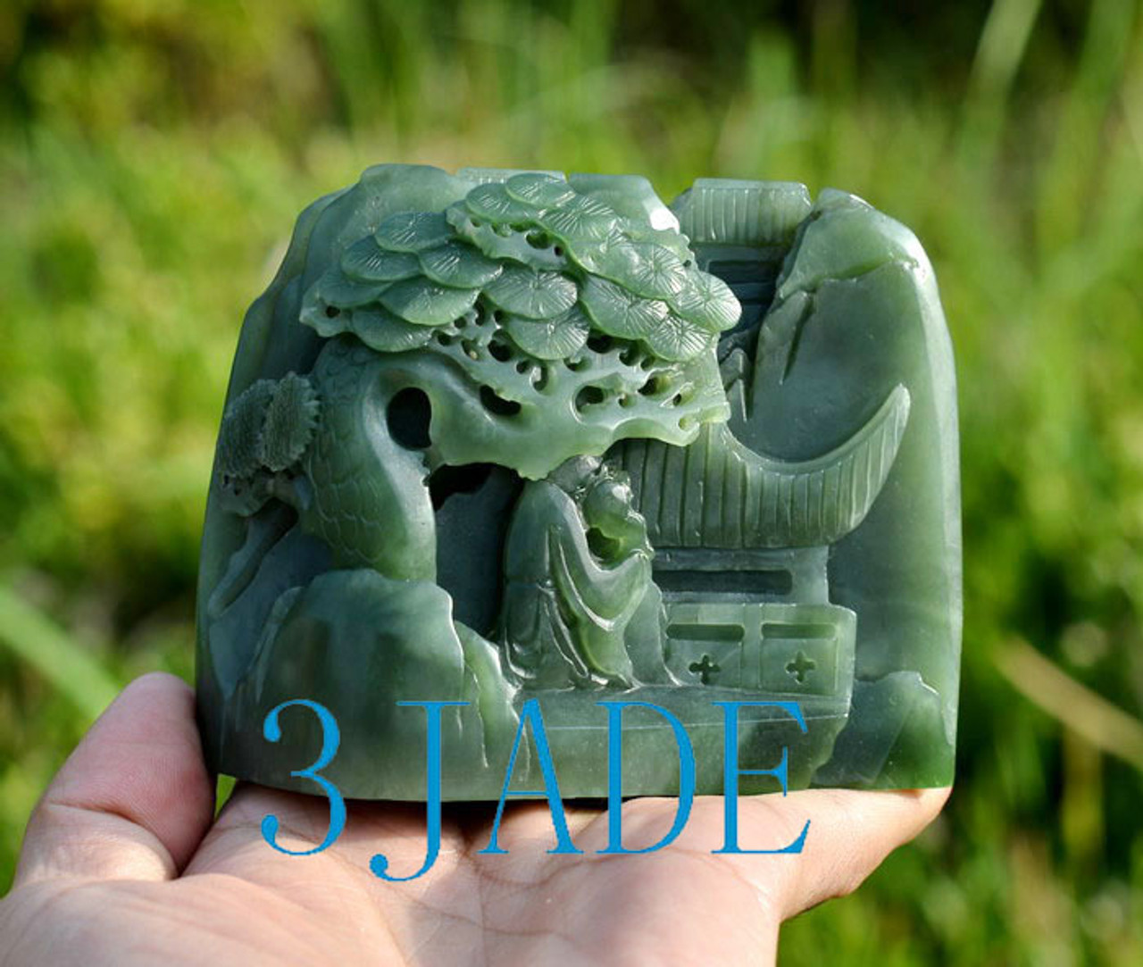 Natural Green Nephrite Jade Chinese Mountain Scenery Carving Sculpture Statue