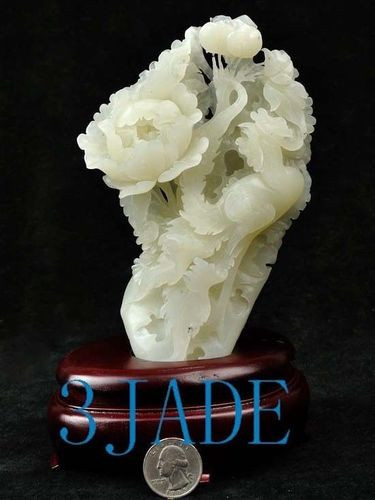 Natural Hetian Nephrite Jade Phoenix Flower Carving / Sculpture w/ certificate