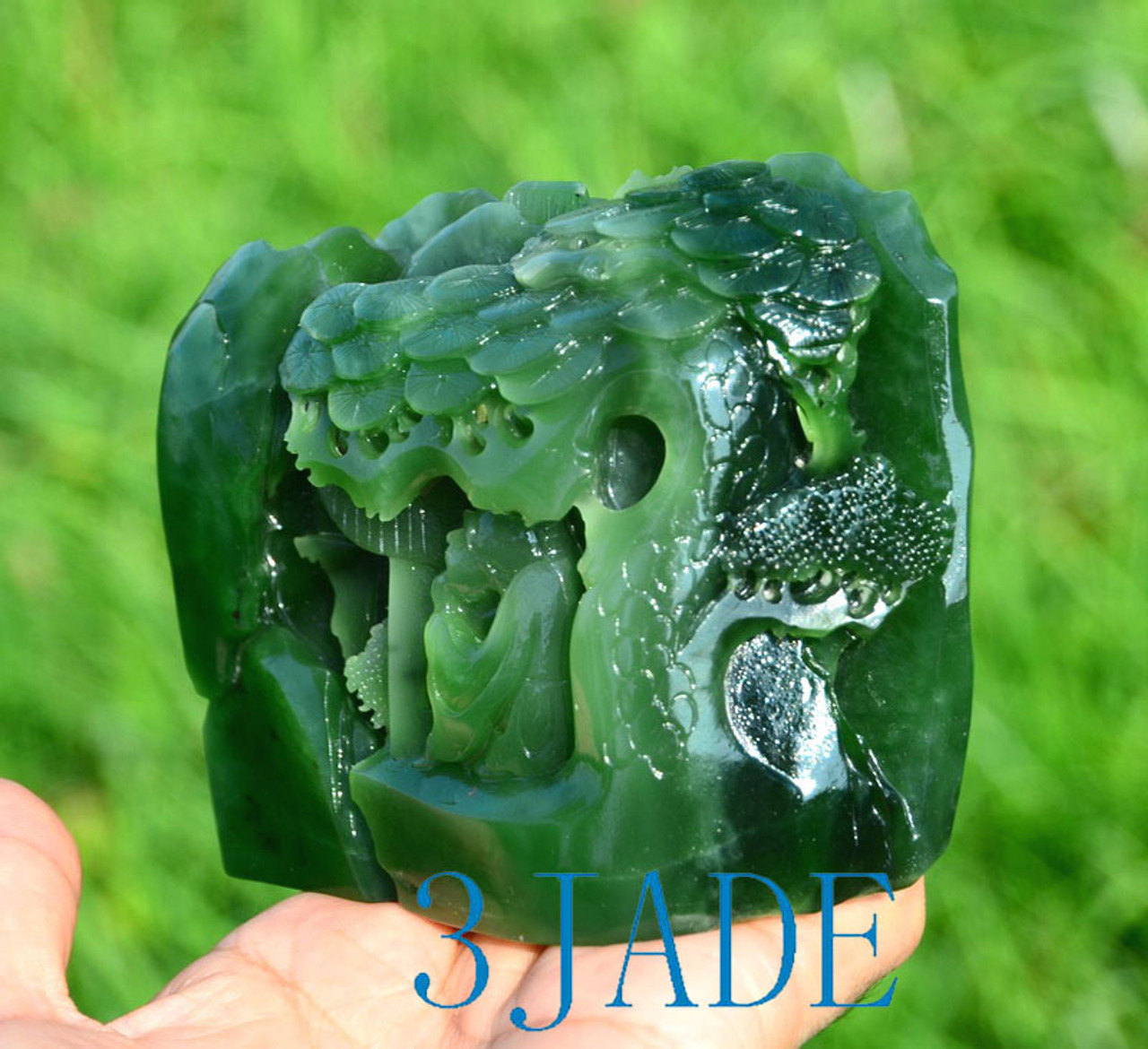 Natural Green Nephrite Jade Carving / Sculpture: Reclusive Life Statue -J026157