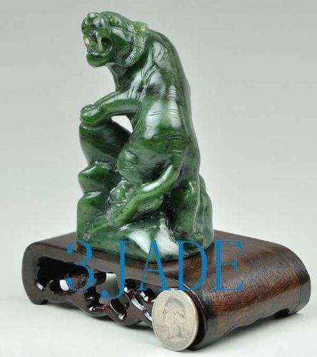 Hand Carved Natural Green Nephrite Jade Carving: Tiger Statue / Sculpture