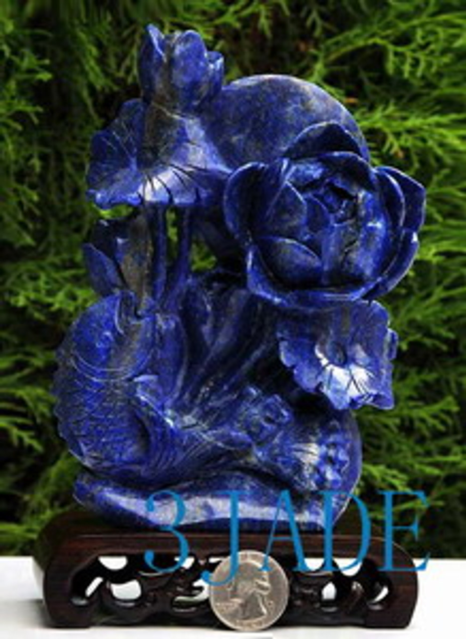 Natural Lapis Lazuli Carving / Sculpture / Statue: Lotus & Fish