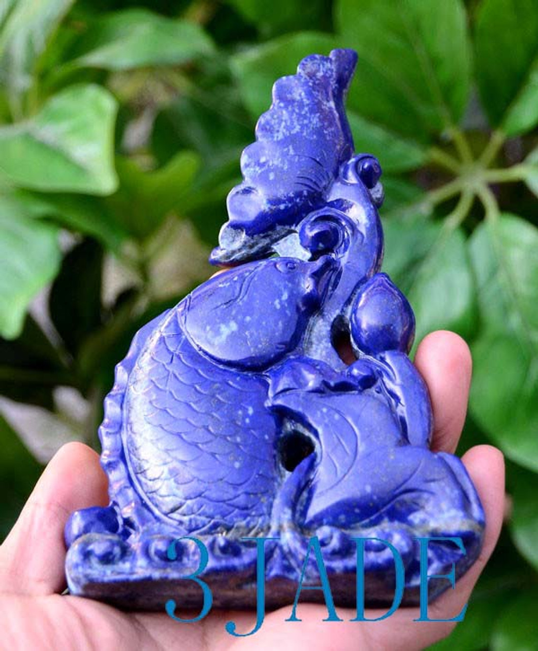 Natural Lapis Lazuli Gemstone Koi Fish Statue Hand Carved Feng Shui Sculpture