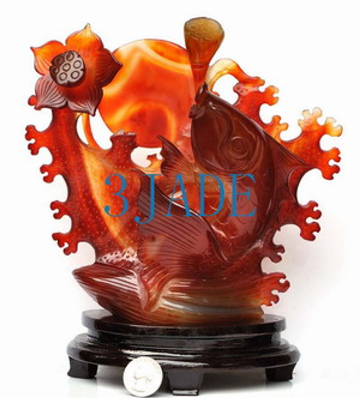 Hand Carved Carnelian / Red Agate Lotus Koi Fish Statue / Sculpture / Carving