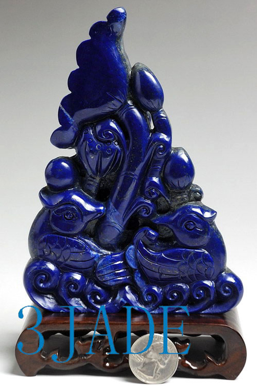 6" Natural Lapis Lazuli Carving / Sculpture: Mandarin Ducks / Love Birds Statue